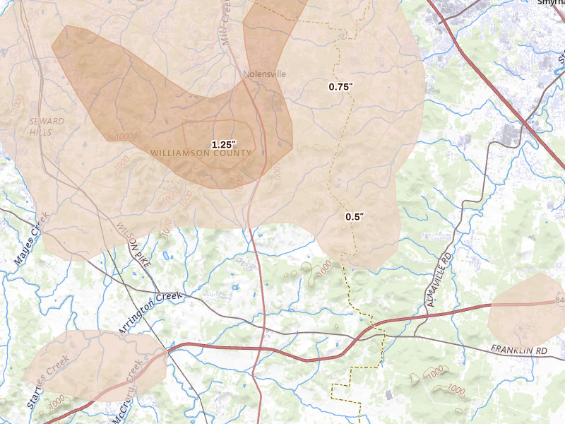 Radar-estimated hail-size map of the storm over Arrington, TN on Jul 3, 2026