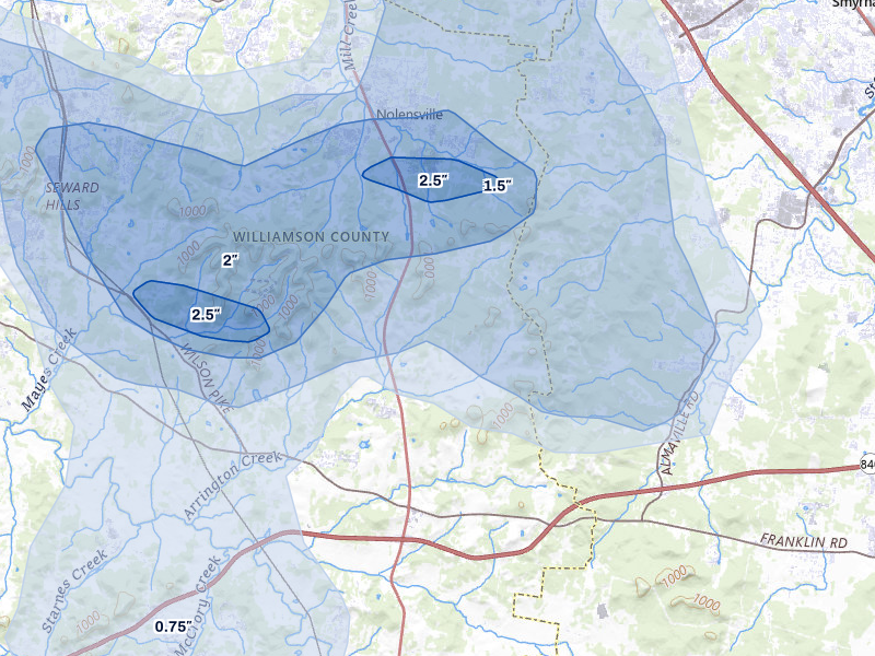 NEXRAD radar-signature map of the hail over Arrington, TN