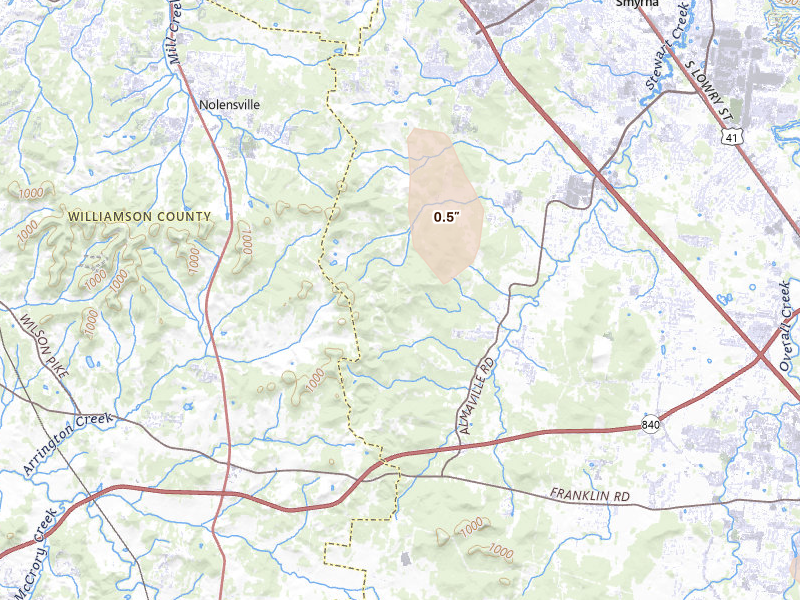 Radar-estimated hail-size map of the storm over Arrington, TN