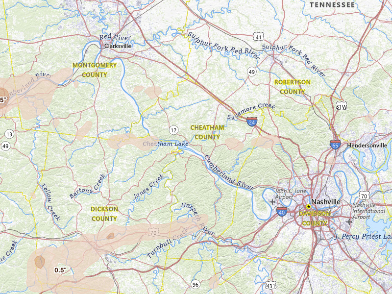 Radar-estimated hail-size map of the storm over Ashland City, TN on Apr 27, 2026