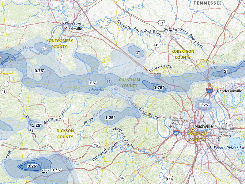 NEXRAD radar-signature map of the hail over Ashland City, TN
