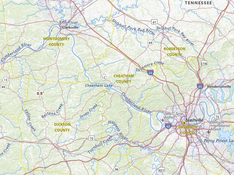 Radar-estimated hail-size map of the storm over Ashland City, TN on May 31, 2026