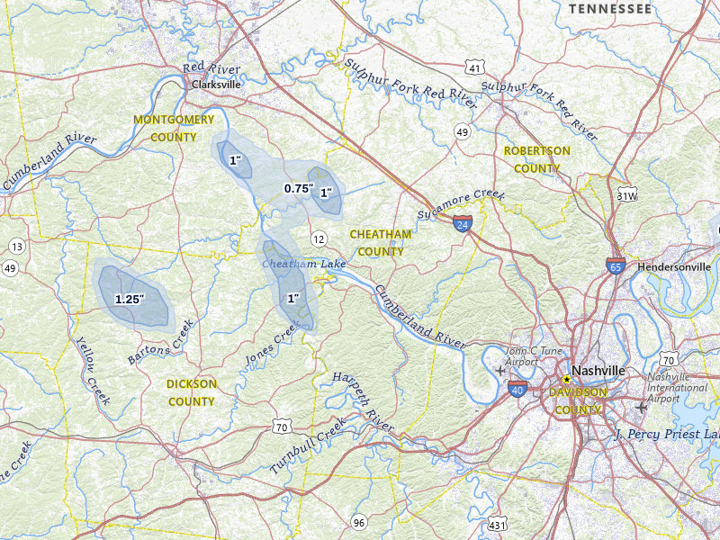 NEXRAD radar-signature map of the hail storm over Ashland City, TN on May 31, 2026