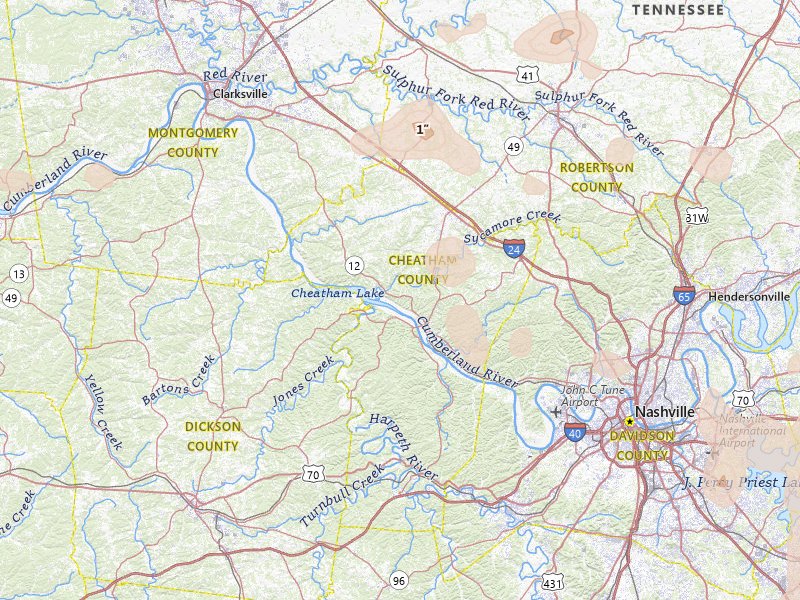 Radar-estimated hail-size map of the storm over Ashland City, TN on Jun 9, 2026