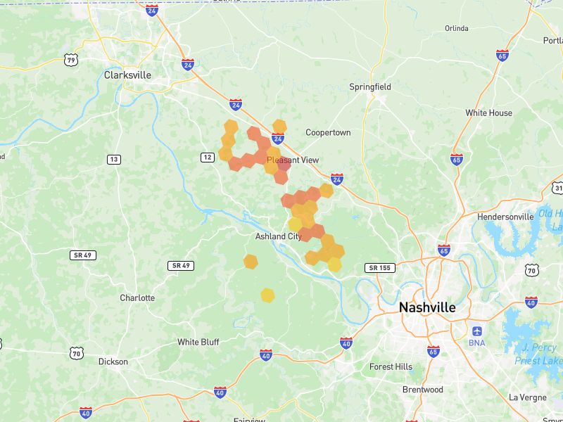 Hail map of Ashland City, TN on Jun 9, 2026, hail up to 2.25"