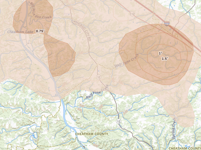 Radar-estimated hail-size map of the storm over Ashland City, TN on Jul 2, 2026