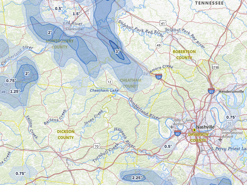 NEXRAD radar-signature map of the hail over Ashland City, TN