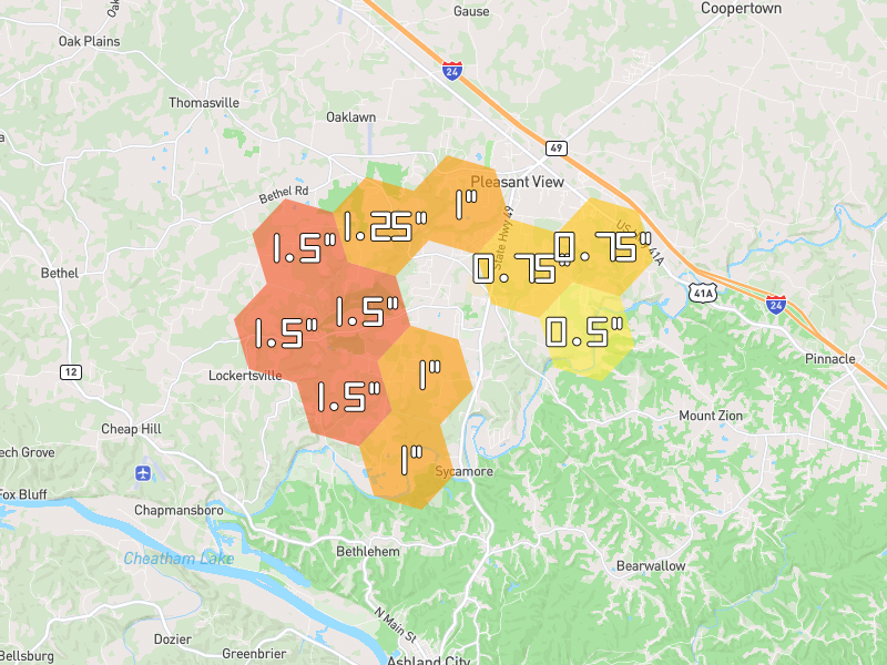 Hail map of Ashland City, TN on Jul 2, 2026, hail up to 1.5"