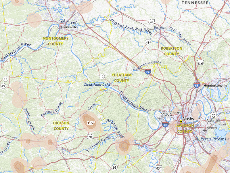 Radar-estimated hail-size map of the storm over Ashland City, TN on Jul 3, 2026