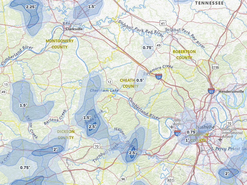 NEXRAD radar-signature map of the hail storm over Ashland City, TN on Jul 3, 2026