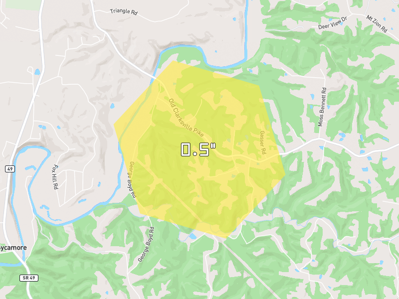 Hail map of Ashland City, TN on Jul 3, 2026, hail up to 0.5"