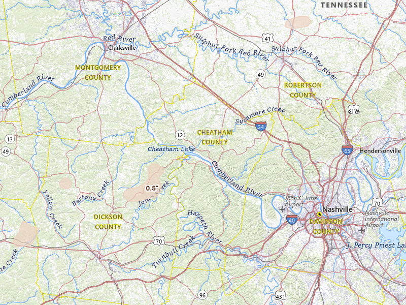 Radar-estimated hail-size map of the storm over Ashland City, TN on Jul 11, 2026