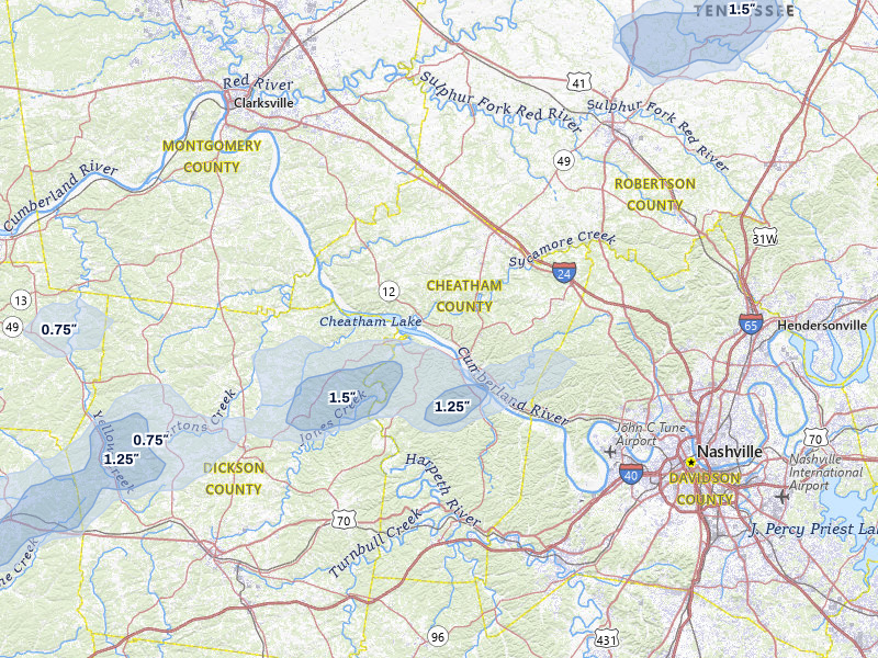 NEXRAD radar-signature map of the hail storm over Ashland City, TN on Jul 11, 2026