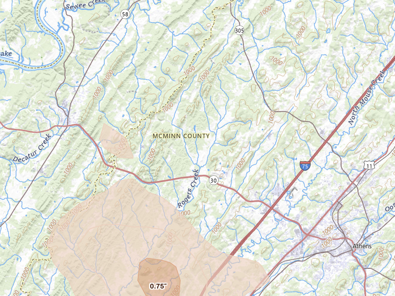 Radar-estimated hail-size map of the storm over Athens, TN on Jul 3, 2026
