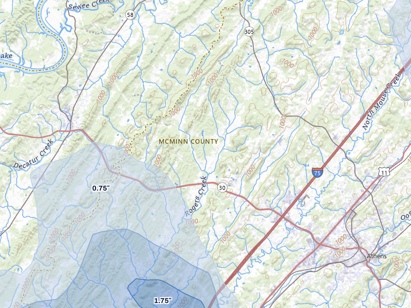 NEXRAD radar-signature map of the hail over Athens, TN