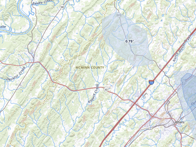 NEXRAD radar-signature map of the hail over Athens, TN
