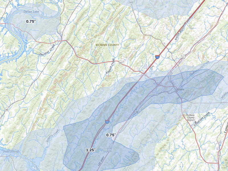 NEXRAD radar-signature map of the hail storm over Athens, TN on Aug 17, 2026
