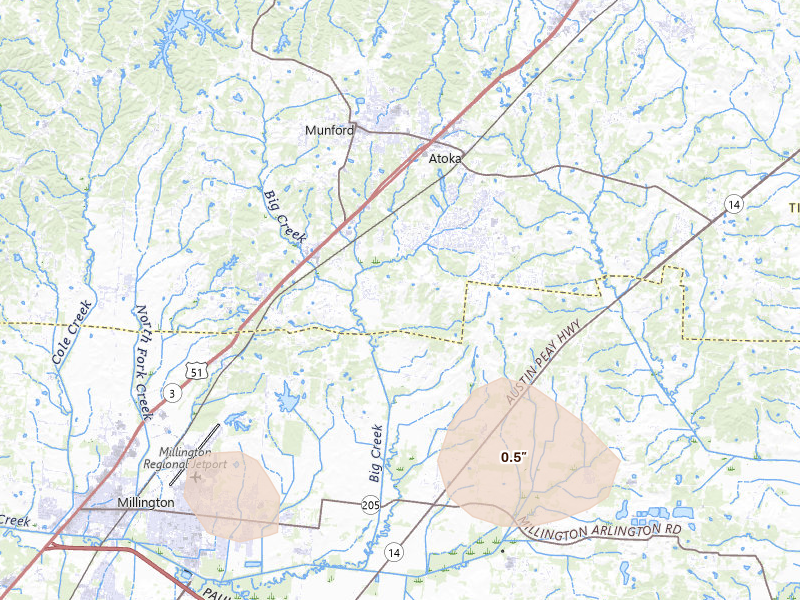 Radar-estimated hail-size map of the storm over Atoka, TN on May 5, 2026
