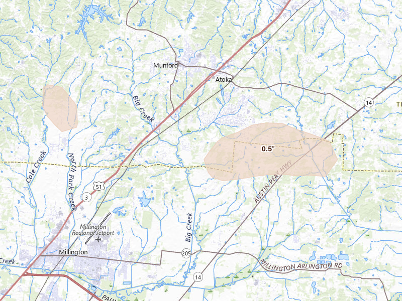 Radar-estimated hail-size map of the storm over Atoka, TN on Jul 8, 2026