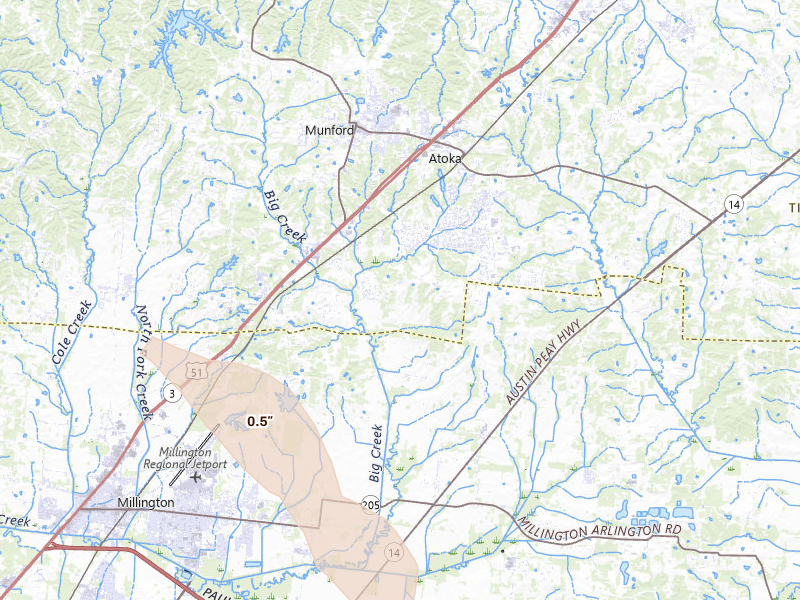 Radar-estimated hail-size map of the storm over Atoka, TN on Aug 22, 2026