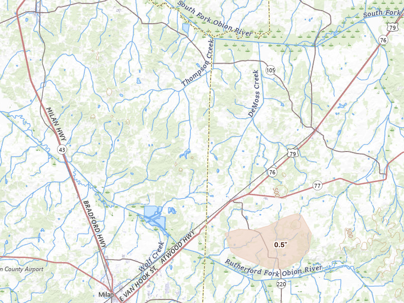 Radar-estimated hail-size map of the storm over Atwood, TN on Jul 2, 2026