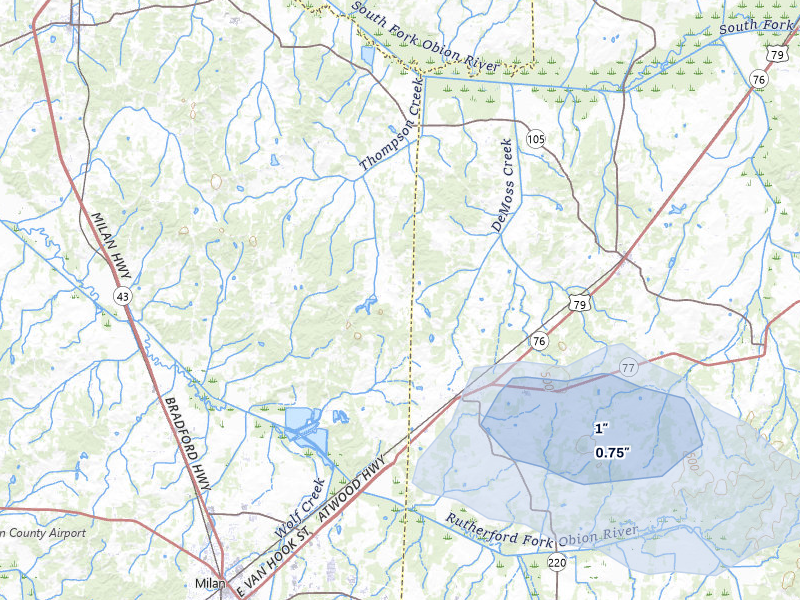 NEXRAD radar-signature map of the hail over Atwood, TN