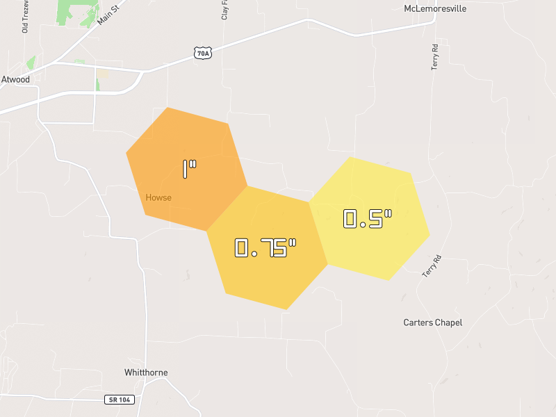Hail map of Atwood, TN on Jul 3, 2026, hail up to 1"