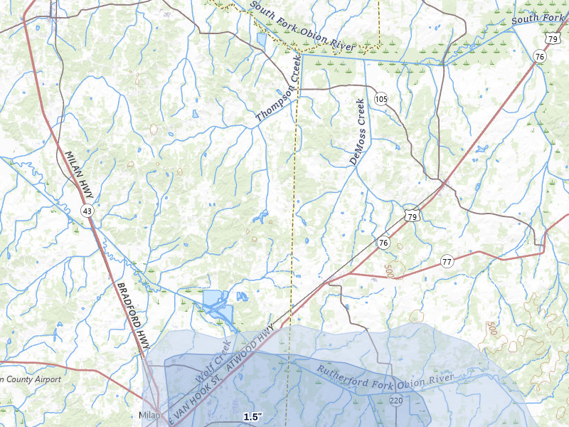 NEXRAD radar-signature map of the hail storm over Atwood, TN on Jul 11, 2026