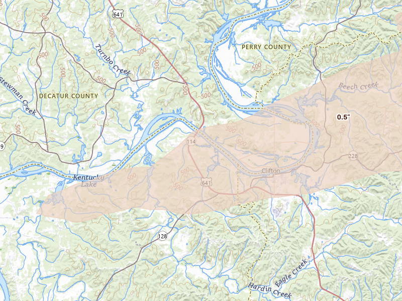 Radar-estimated hail-size map of the storm over Bath Springs, TN on Apr 27, 2026