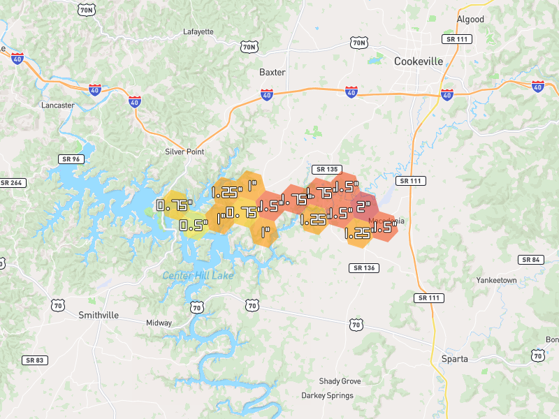Hail map of Baxter, TN on Jul 3, 2026, hail up to 2"