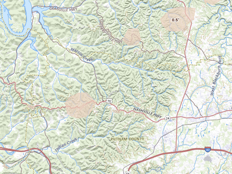 Radar-estimated hail-size map of the storm over Baxter, TN on Aug 7, 2026