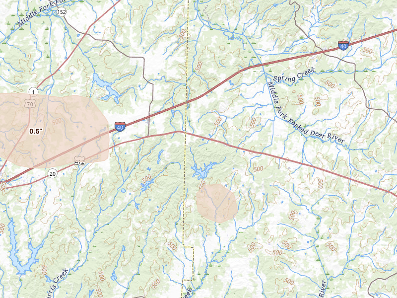 Radar-estimated hail-size map of the storm over Beech Bluff, TN on Apr 16, 2026