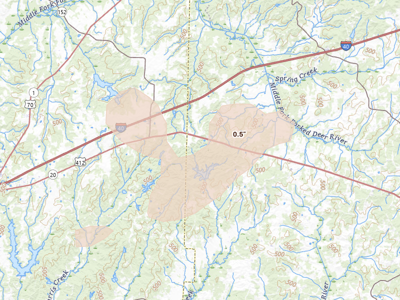 Radar-estimated hail-size map of the storm over Beech Bluff, TN on Apr 27, 2026