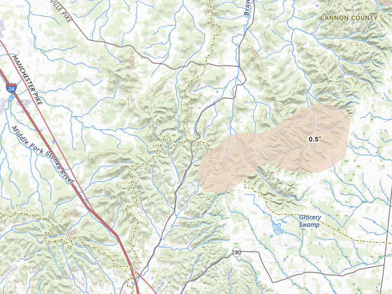 Radar-estimated hail-size map of the storm over Beechgrove, TN on Jul 11, 2026