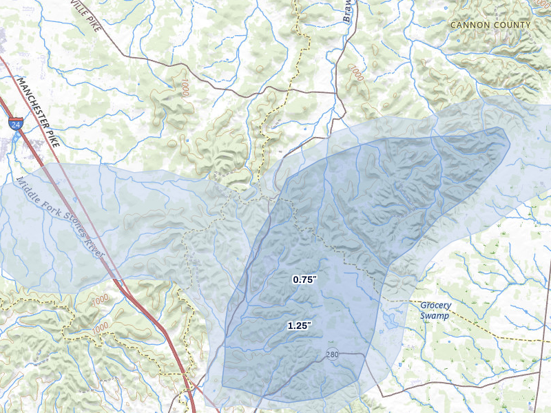 NEXRAD radar-signature map of the hail storm over Beechgrove, TN on Jul 11, 2026
