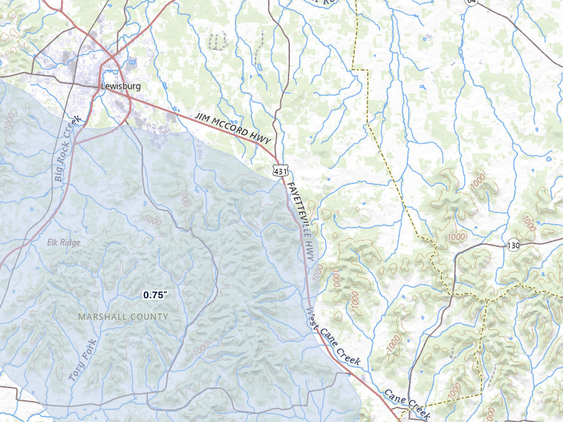 NEXRAD radar-signature map of the hail storm over Belfast, TN on Apr 27, 2026