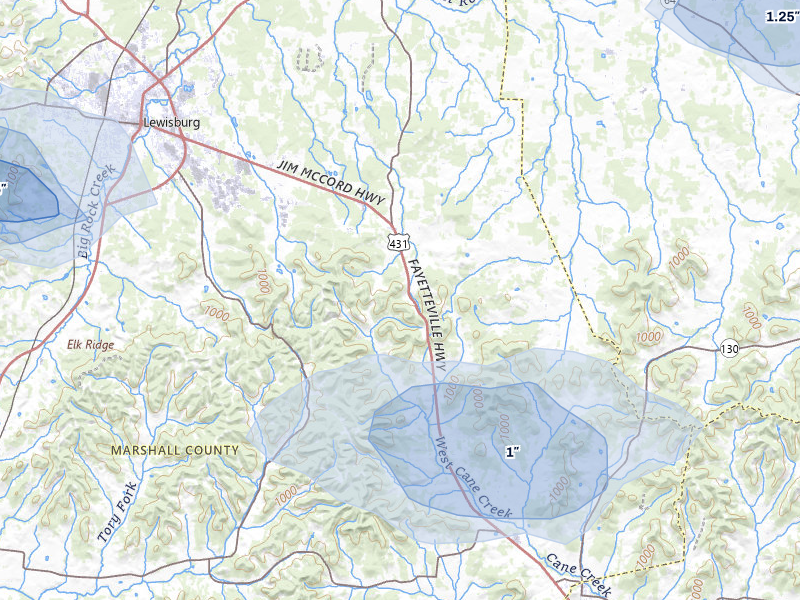 NEXRAD radar-signature map of the hail storm over Belfast, TN on Jul 3, 2026