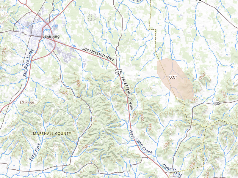 Radar-estimated hail-size map of the storm over Belfast, TN on Jul 28, 2026