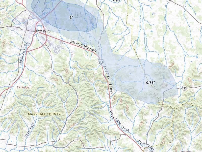 NEXRAD radar-signature map of the hail storm over Belfast, TN on Jul 28, 2026