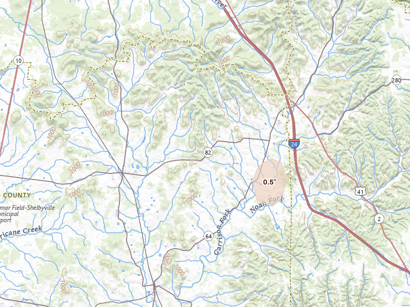 Radar-estimated hail-size map of the storm over Bell Buckle, TN on Jun 9, 2026
