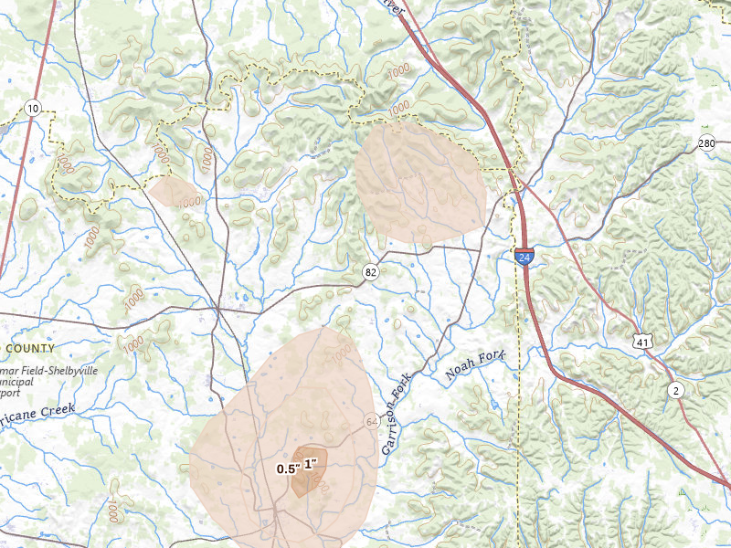 Radar-estimated hail-size map of the storm over Bell Buckle, TN on Jul 5, 2026