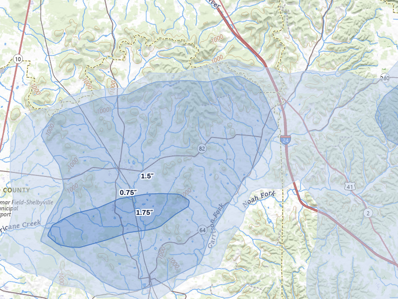 NEXRAD radar-signature map of the hail over Bell Buckle, TN