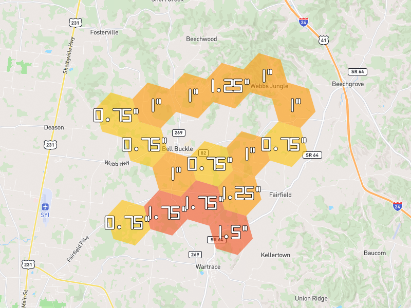 Hail map of Bell Buckle, TN on Jul 5, 2026, hail up to 1.75"