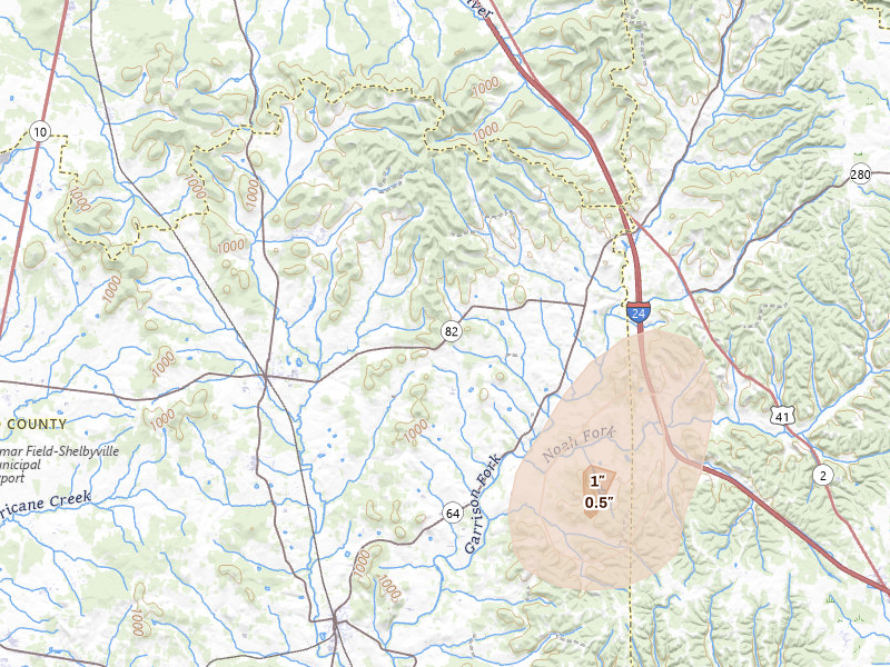 Radar-estimated hail-size map of the storm over Bell Buckle, TN on Aug 8, 2026