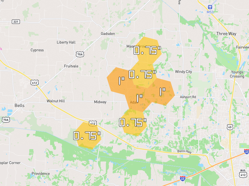 Hail map of Bells, TN on Jul 3, 2026, hail up to 1"