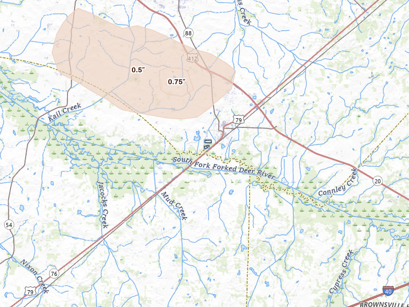 Radar-estimated hail-size map of the storm over Bells, TN on Aug 26, 2026