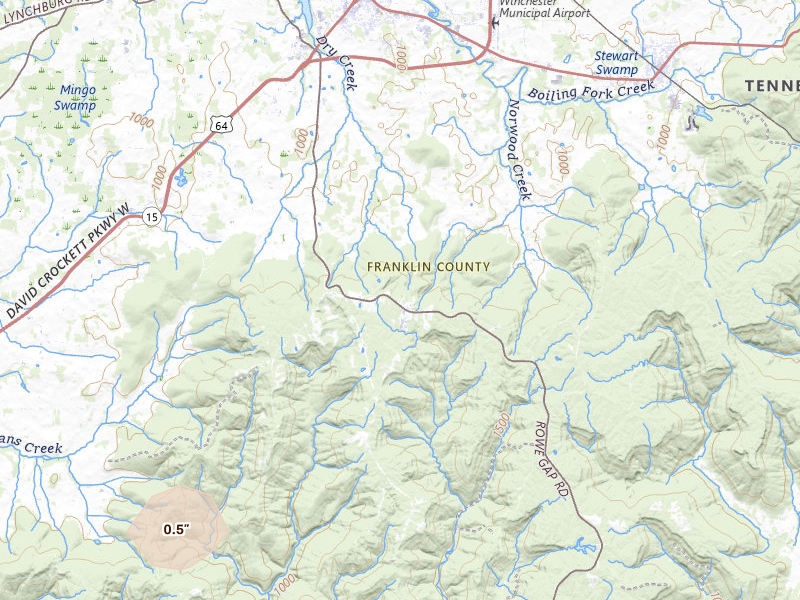 Radar-estimated hail-size map of the storm over Belvidere, TN on Jul 11, 2026