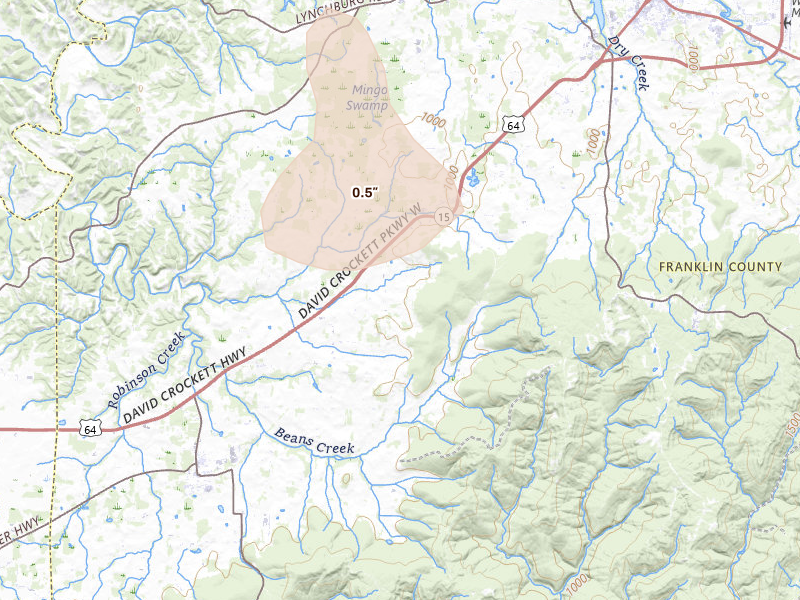 Radar-estimated hail-size map of the storm over Belvidere, TN on Aug 17, 2026