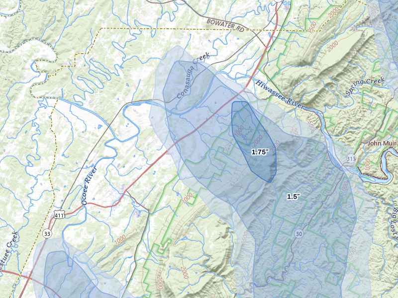 NEXRAD radar-signature map of the hail storm over Benton, TN on Jul 28, 2026