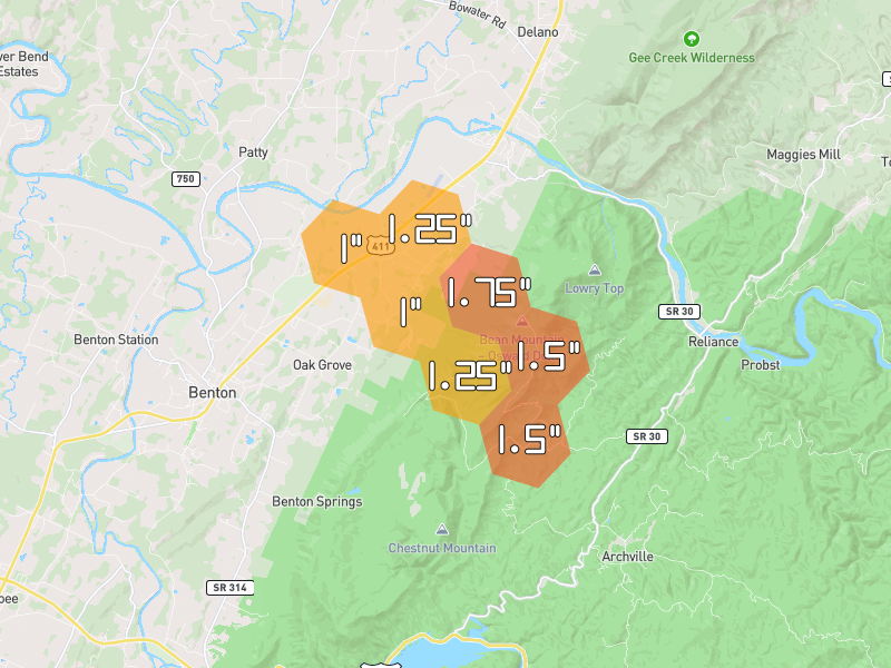 Hail map of Benton, TN on Jul 29, 2026, hail up to 1.75"